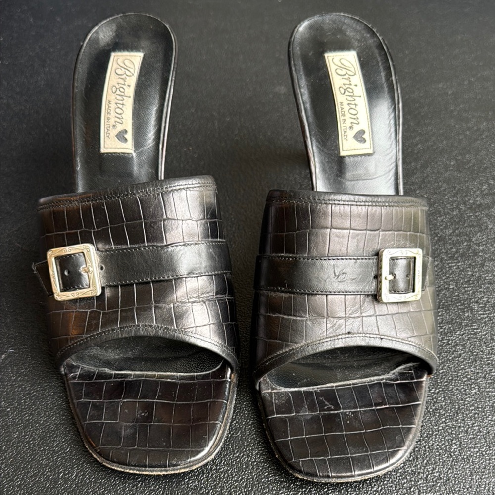 Brighton Black Mules with Crocodile Texture and Buckle